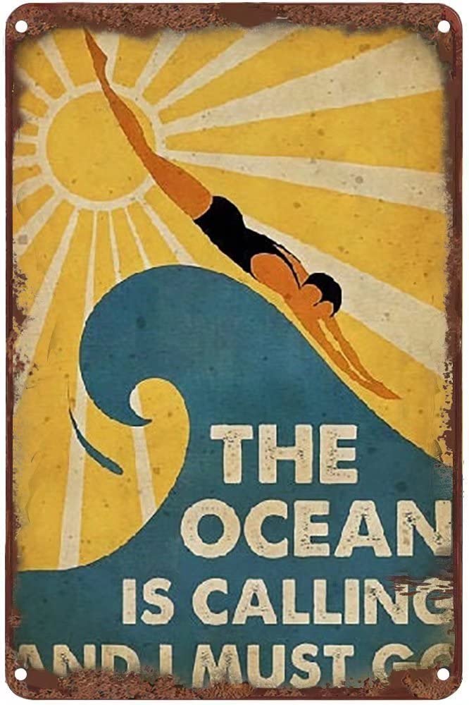 Xiddxu Yellow Metal Poster Plaque,Swimming Poster, The Ocean Is Calling And I Must Go Poster, Sea, Beach, Summer Vacation, Vintage Poster, Wall Art, Home Decor, Summer,Vintage Wall Home Decor 8X12 Inch