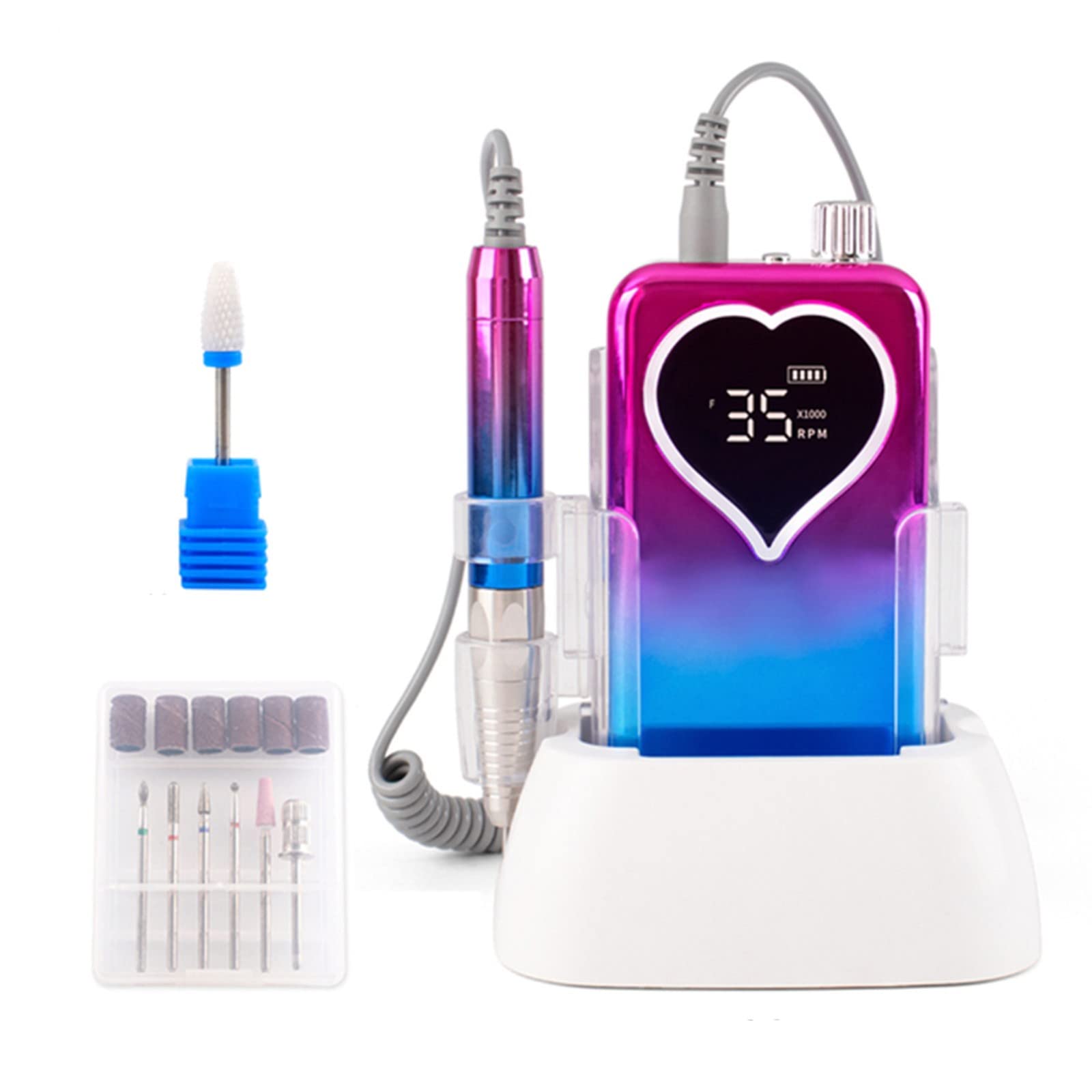 Torno para Uñas Profesional 35000 RPM Recargable Portatil con 6 Fresas para Torno manicura y Pantalla LCD para Salon y Casa, Eléctrica de Manicura y Pedicura Pulidor Set(Color: Gradient Blue)