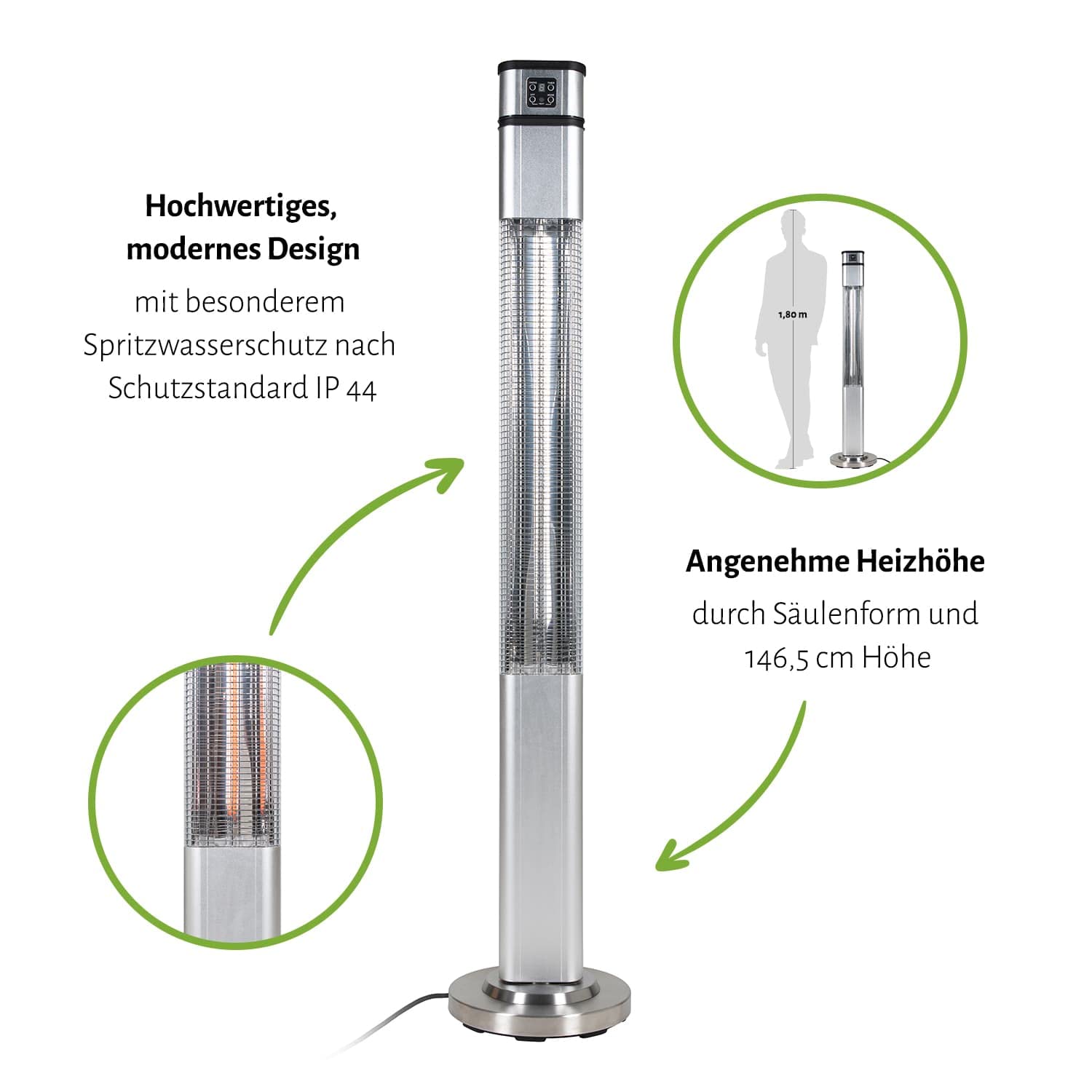 empasa elektrische Heizsäule 'Tower UP' elektrischer Heizer Elektroheizer Infrarot Stand-Heizstrahler Terrassenheizer Terrassenstrahler mit Drehfunktion, Fernbedienung und Abdeckhaube
