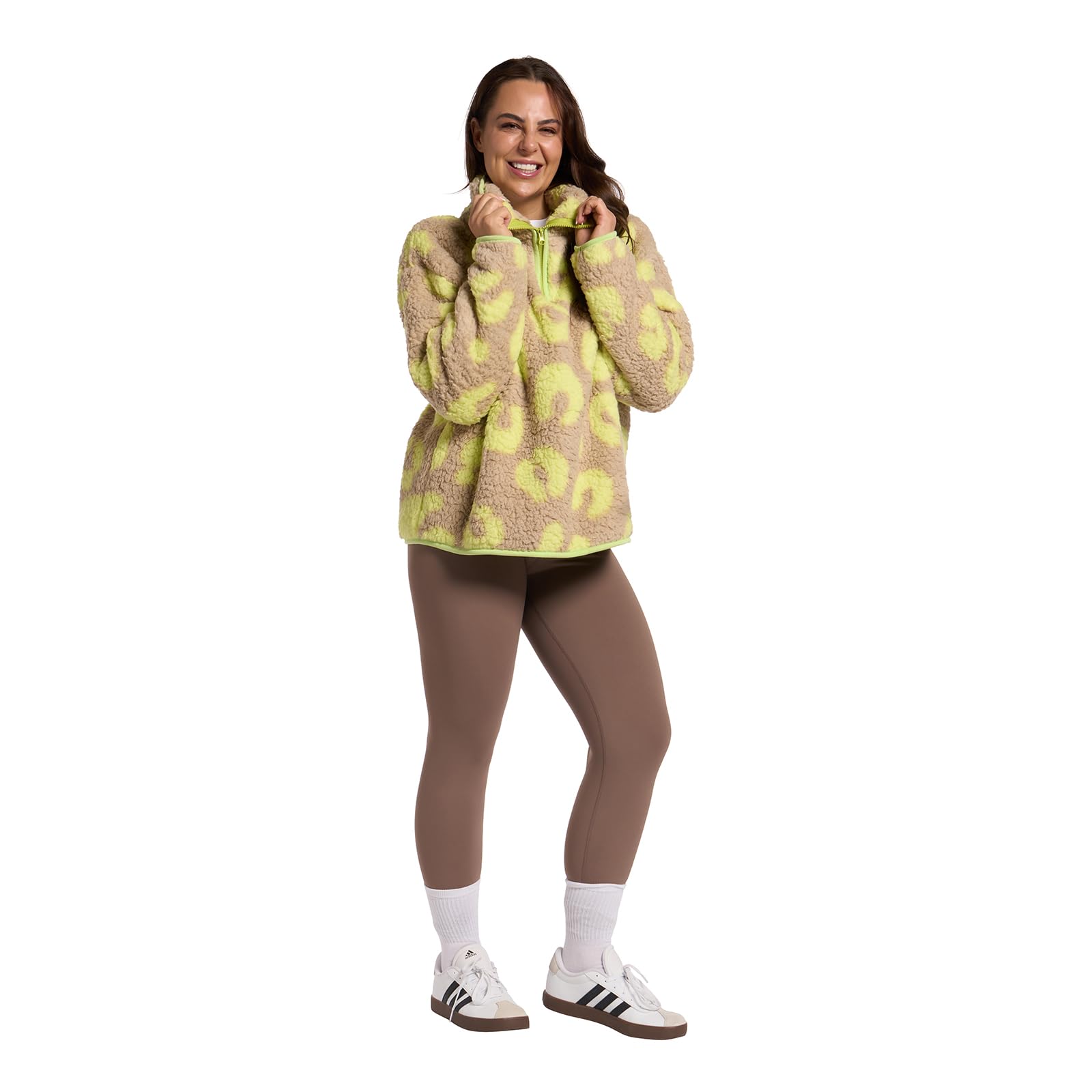 OHS Women's Half Zip Sweatshirt Teddy Fleece Leopard Print S/M Natural
