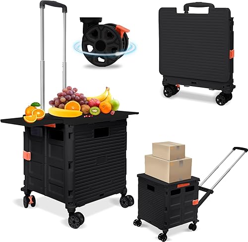 Miniatura 43 de FELICON SELORSS - Carrito plegable portátil plegable con mango telescópico de plástico resistente y duradero, 4 ruedas giratorias para viajes, Blanco