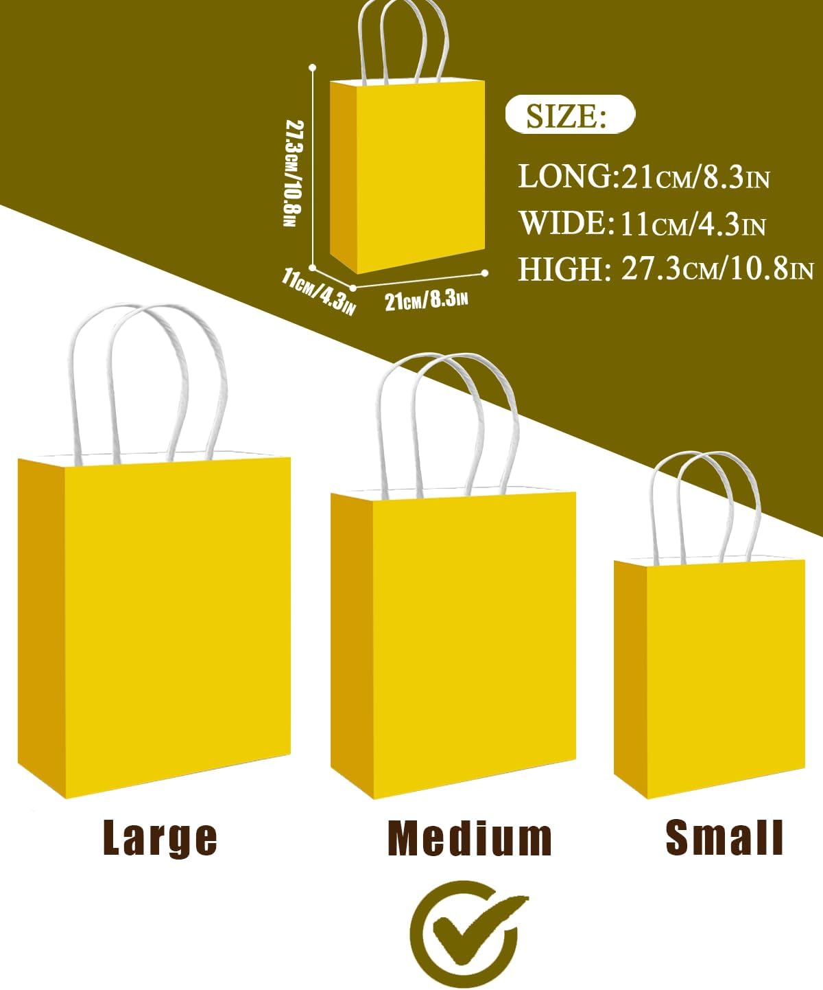 qiqee 100PCS Gift Bag with Handles Bulk Bright Yellow Paper Bags Multiple Uses (11"x5"x8"inch Medium Size)