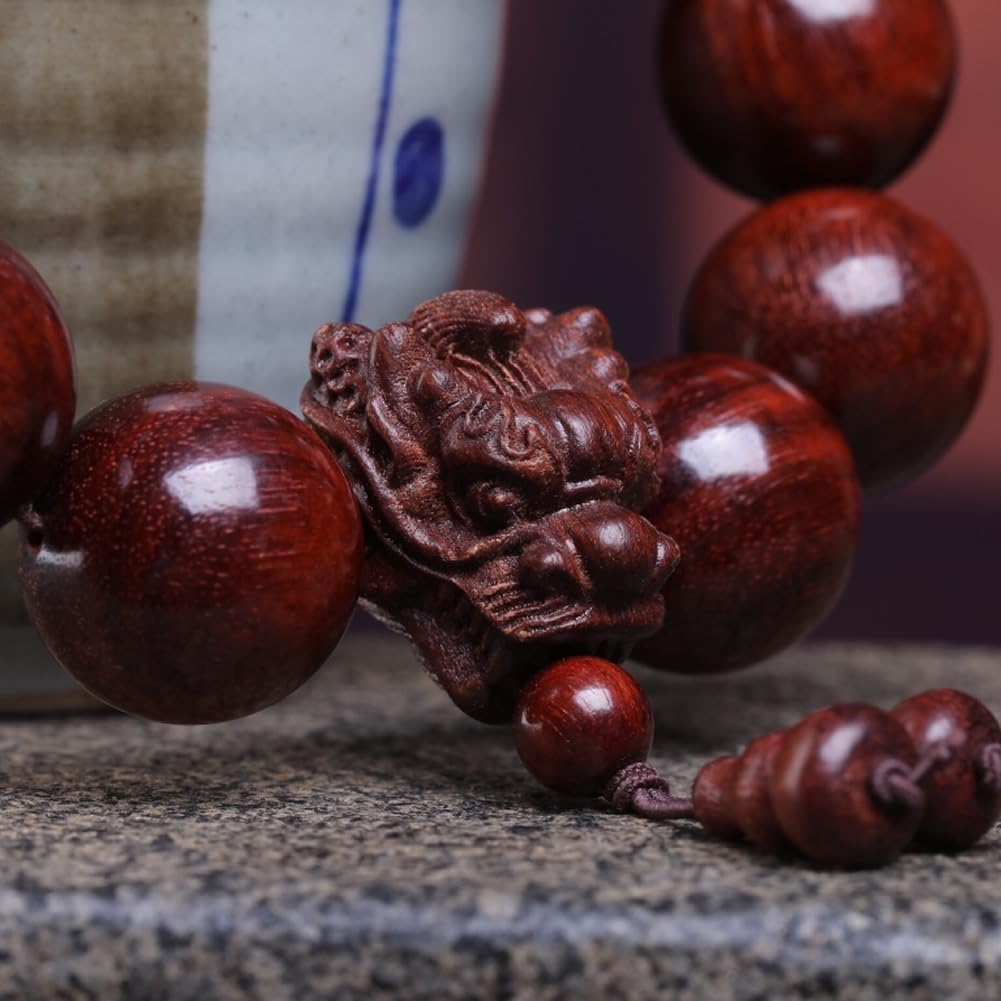 Zen Dear Unisex Natural African Blood Red Sandalwood Prayer Beads Tibetan Buddhism Mala Bracelet Necklace (20mm 12 Beads Dragon's Head) - Image 4