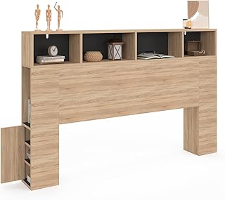 IDMarket - Tête de lit sur Pied Cleo 165 cm avec rangements fermés et niches façon hêtre et Noir