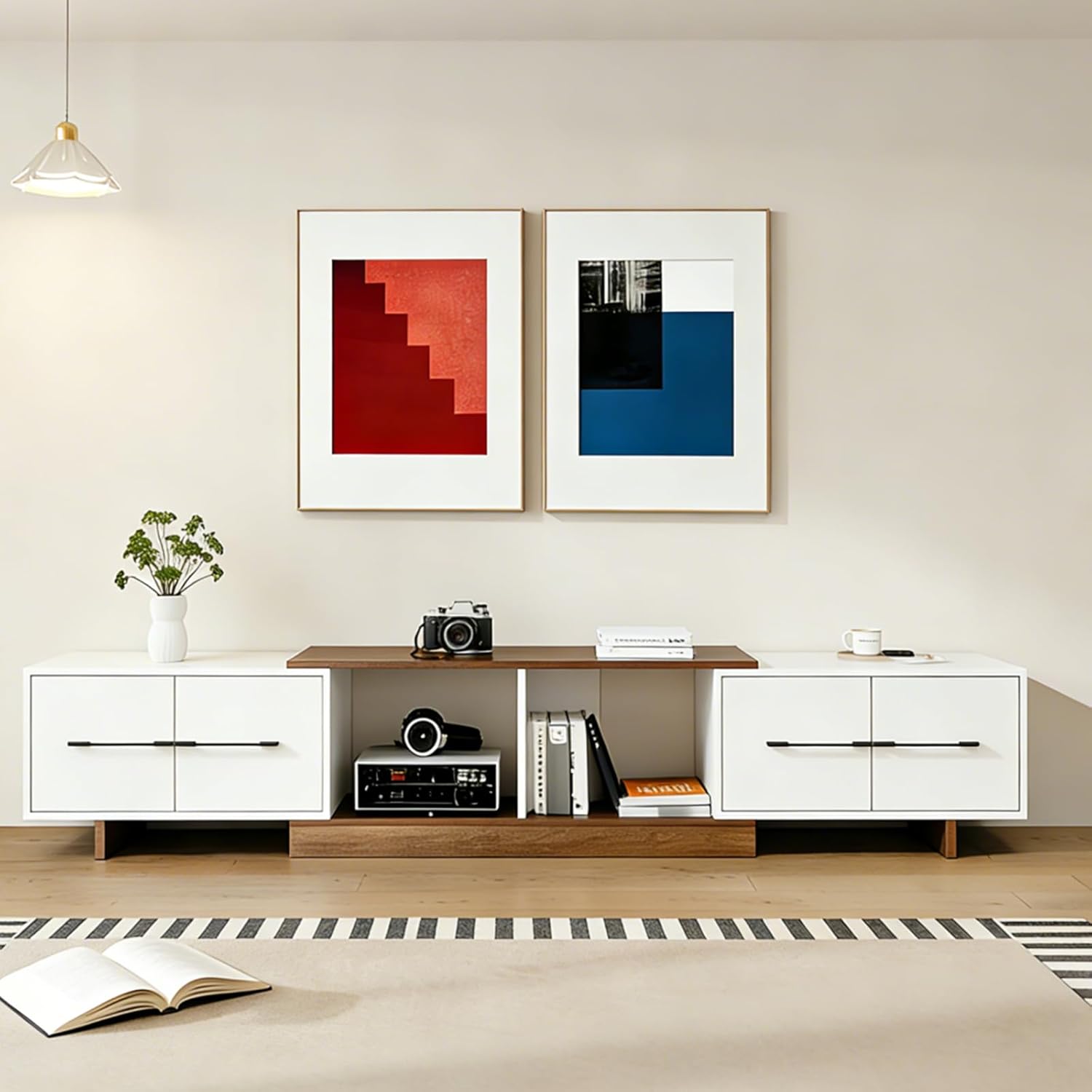 Modern TV Console with Expandable Side Cabinet, Extendable Entertainment Center with 4 Drawers and Open Shelf Fits Up to 120" TV for Living Room Bedroom, Walnut/White