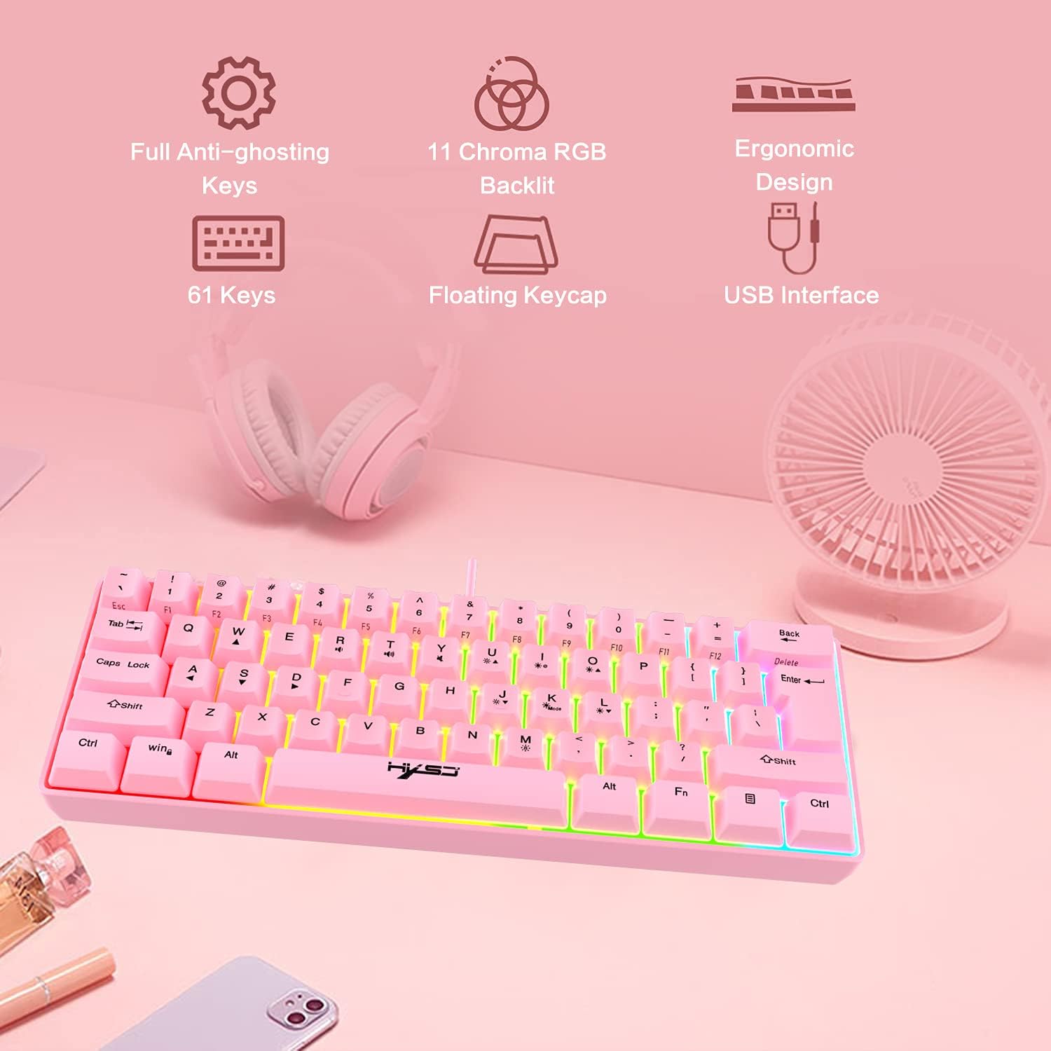 KUIYN V700 keyboard showcasing features like full anti-ghosting, 11 Chroma RGB backlighting, ergonomic design, 61 keys, floating keycaps, and USB interface.