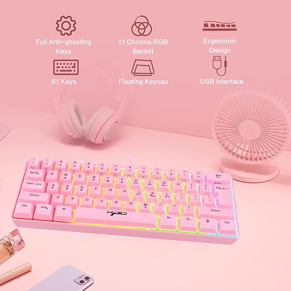 60% Wired RGB Gaming Keyboard, 61 Keys Portable Mini Compact Keyboard with 11 Chroma RGB Backlit, ABS Floating Keycap, Full Anti-ghosting Keys, USB Office/Game Mechanical Feel Keyboard for PC Computer