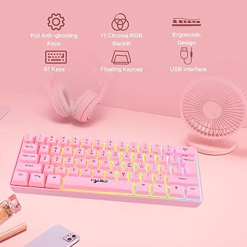 60% Wired RGB Gaming Keyboard, 61 Keys Portable Mini Compact Keyboard with 11 Chroma RGB Backlit, ABS Floating Keycap, Full Anti-ghosting Keys, USB Office/Game Mechanical Feel Keyboard for PC Computer