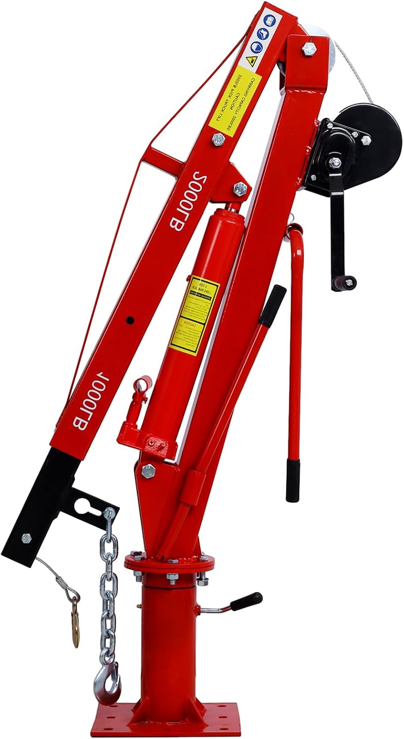 2000 lbs Folding Truck Crane with Hydraulic Winch, Heavy Duty Pickup Truck Bed Engine Hoist Jib Crane Truck Mounted Crane for Lifting Goods in Construction, Forestry, Factory, Red