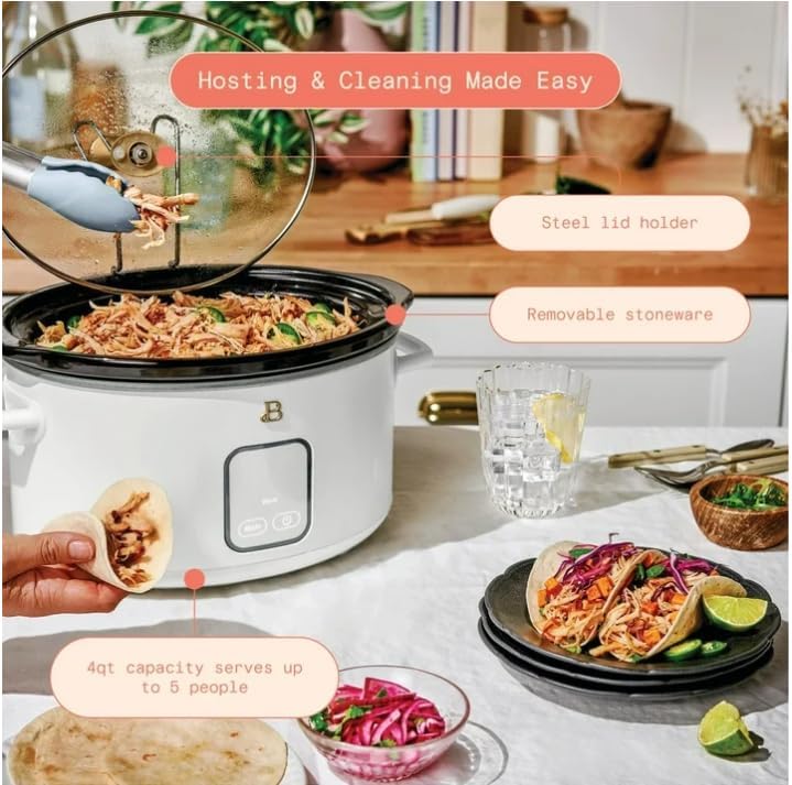 4-Quart Slow Cooker with Touch-Activated Display by Drew Barrymore, Programmable Digital Controls, Removable Ceramic Pot, Keep Warm Setting, Modern Sleek Design (White Icing)