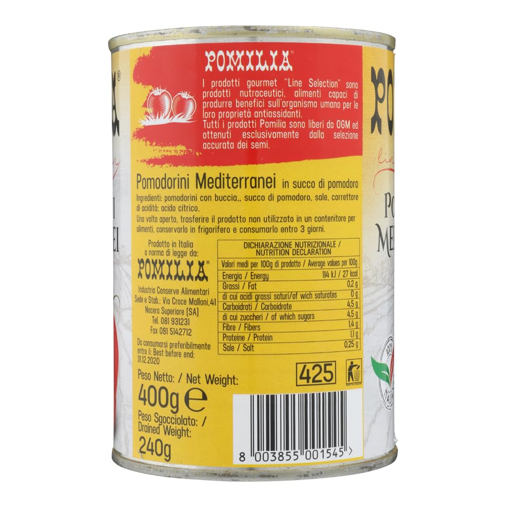 Pomilia Pomodorini Ciliegini Mediterranei Lot de 6 tomates cerises méditerranéennes 100 % tomates italiennes 400 g + boîte de 400 g
