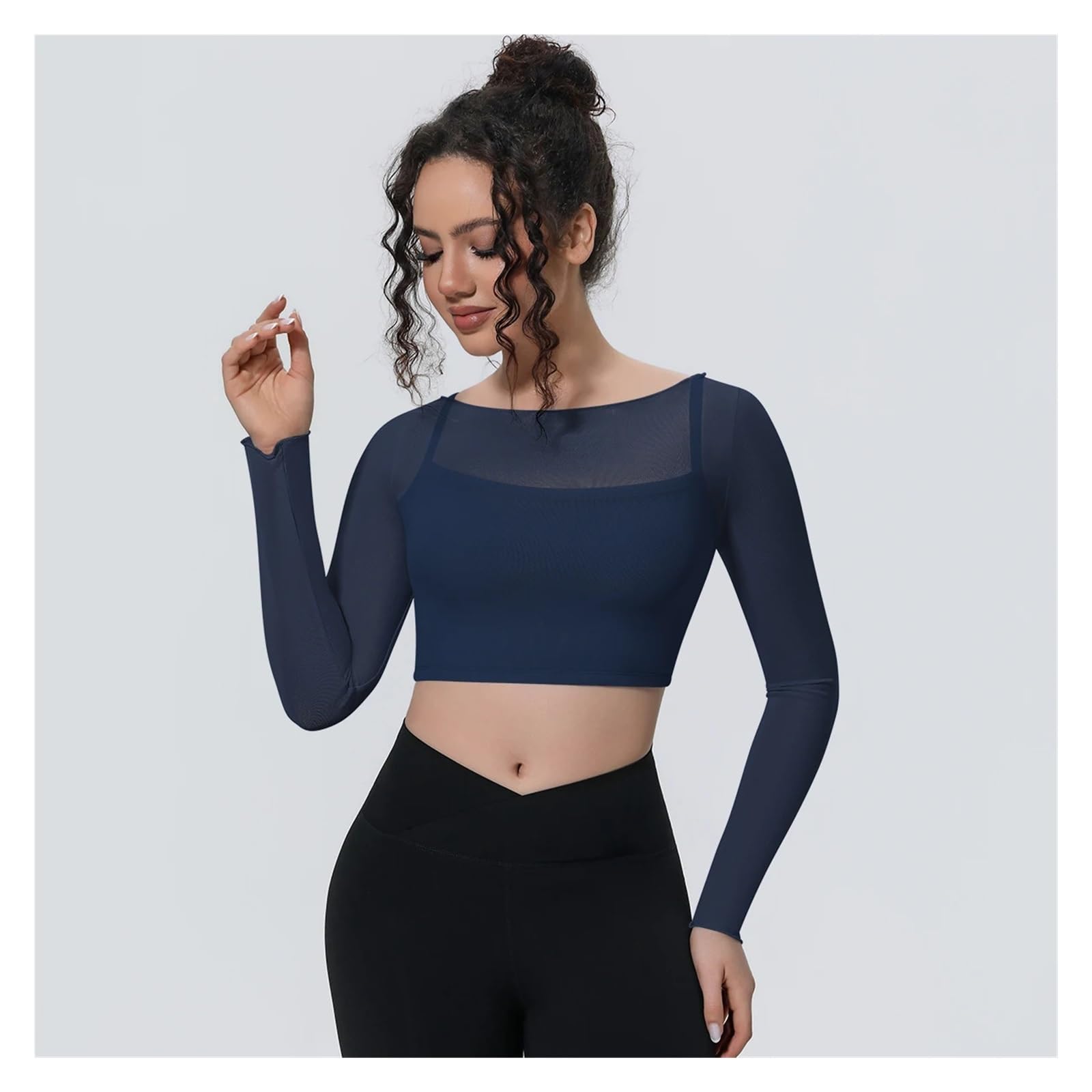 Top Yoga a Maniche Lunghe Donna Maniche Lunghe da Yoga | Top fitness traspirante estivo in falso reggiseno sportivo in due pezzi