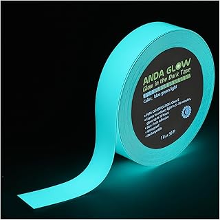 High Brightness Glow in the Dark Tape for Safety Marking, Art Craft DIY, Christmas Deco and Party Accessories. Non-Toxic Adhesive, Waterproof Rechargeable Luminous Tape Blue-Green Light (1 in X 30 ft)