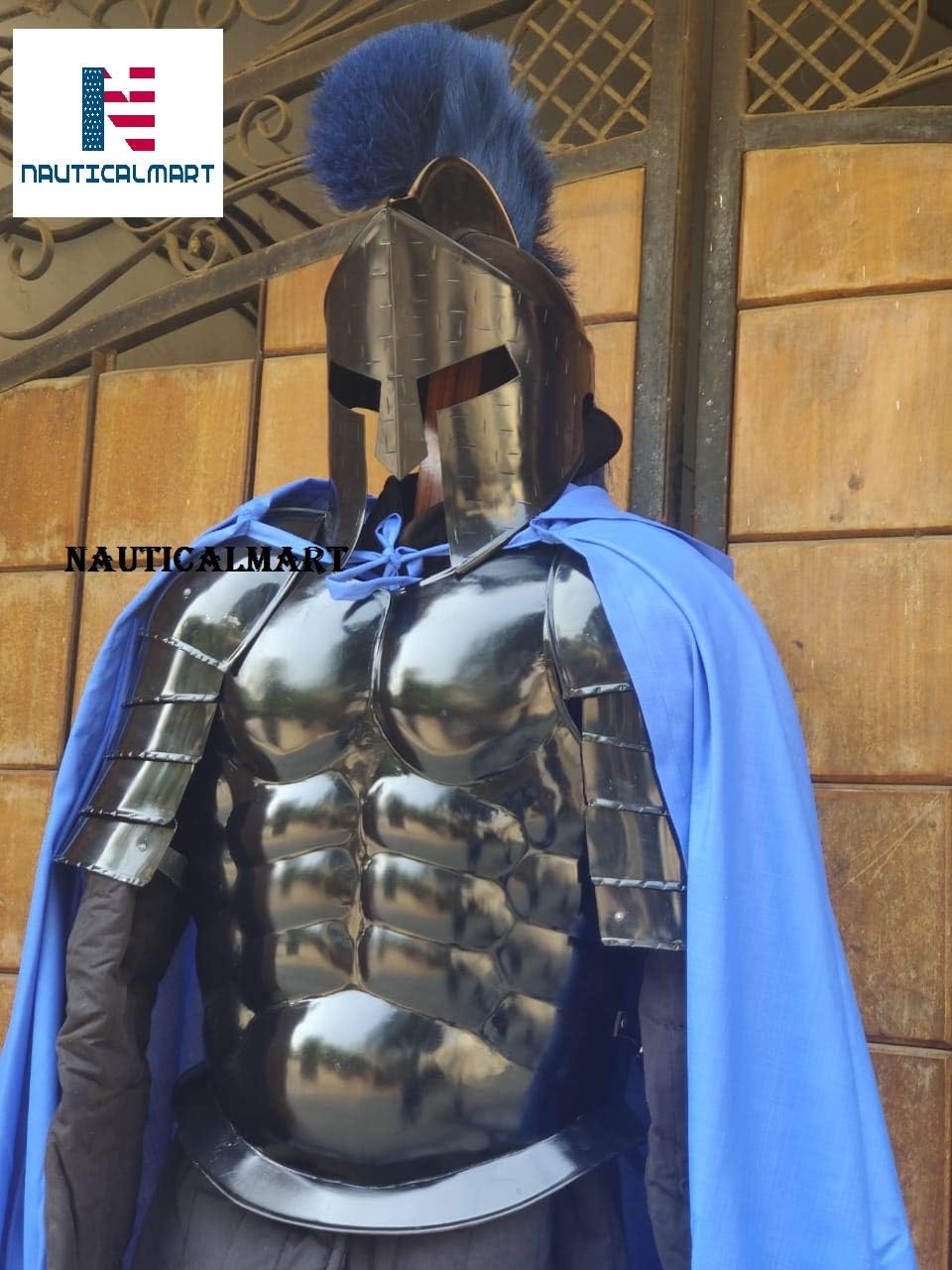 Nautical-Mart Roman Black Antique Muscle Armor Jacket with Shoulder Guard 300 Spartan Helmet, Royal Blue Cape, Gambeson
