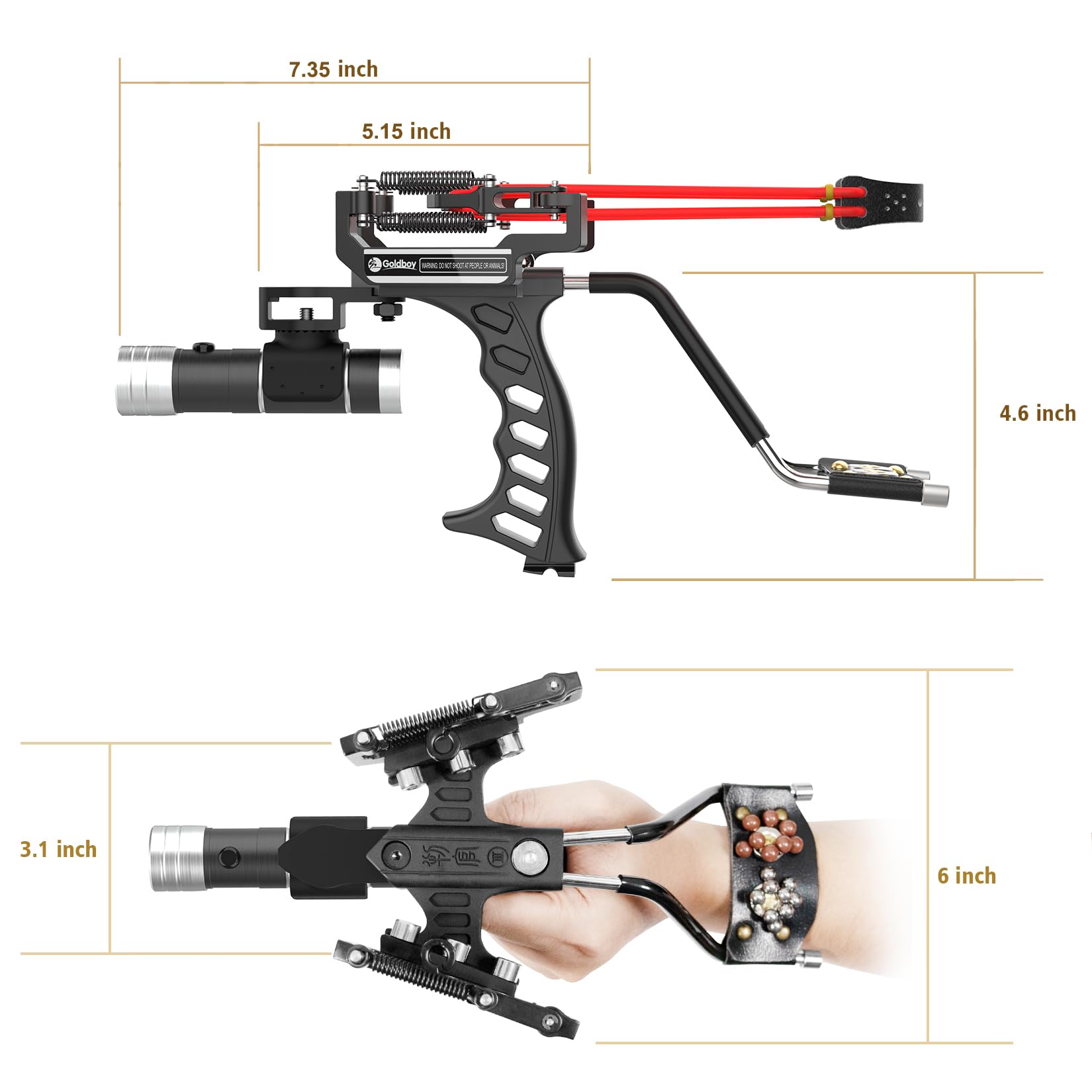 Goldboy Slingshot with Red Beam Sight, Wrist Rocket with Flashlight, Hunting Slingshot 4 Rubber Bands 220 Ammo Adults Black