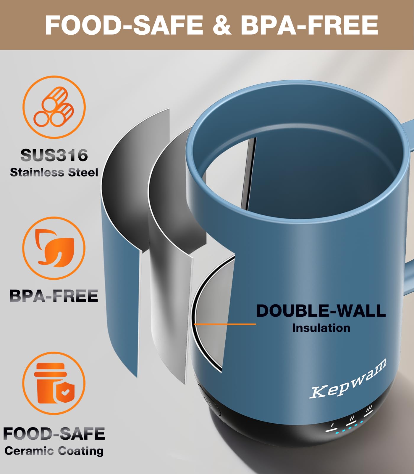 Kepwam Taza de café con calefacción T1-16 onzas, calentamiento rápido y mayor duración de la batería, taza de café autocalentable hasta 65.0 °C, botón físico y control por aplicación, taza calentadora