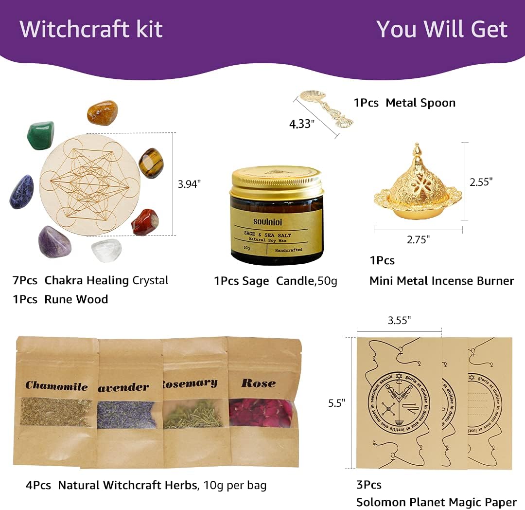 Witchcraft Kit for Wiccan Supplies and Tools, Sage Candles for Cleansing House, 4 Magic Herbs, 7 Healing Crystals for Altar Supplies, Wiccan Decor, Wiccan Gifts for Women