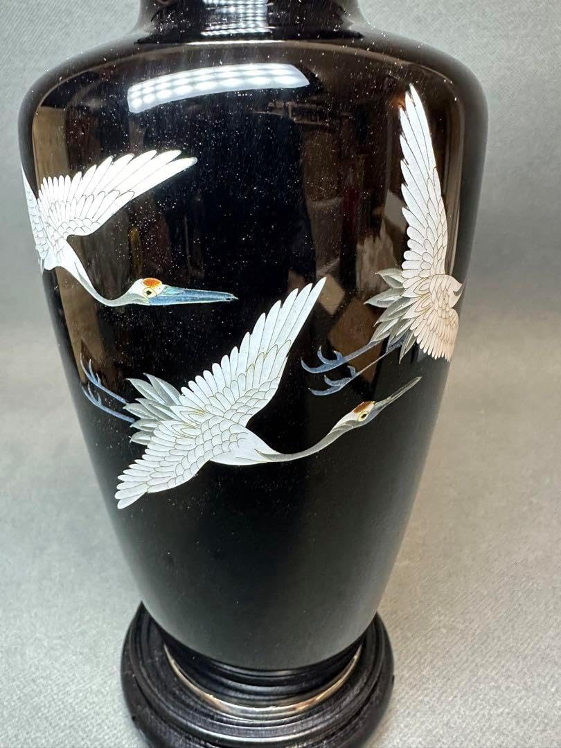 尾張七宝名工 七宝焼鶴文花瓶共箱 服部良三作 アンティーク コレクション