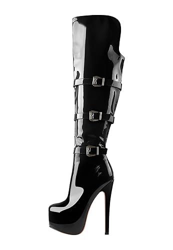 Richealnana Women's Platform Lace Up Side Zipper Over the Knee High Boots - 9.5 - Stiletto Black