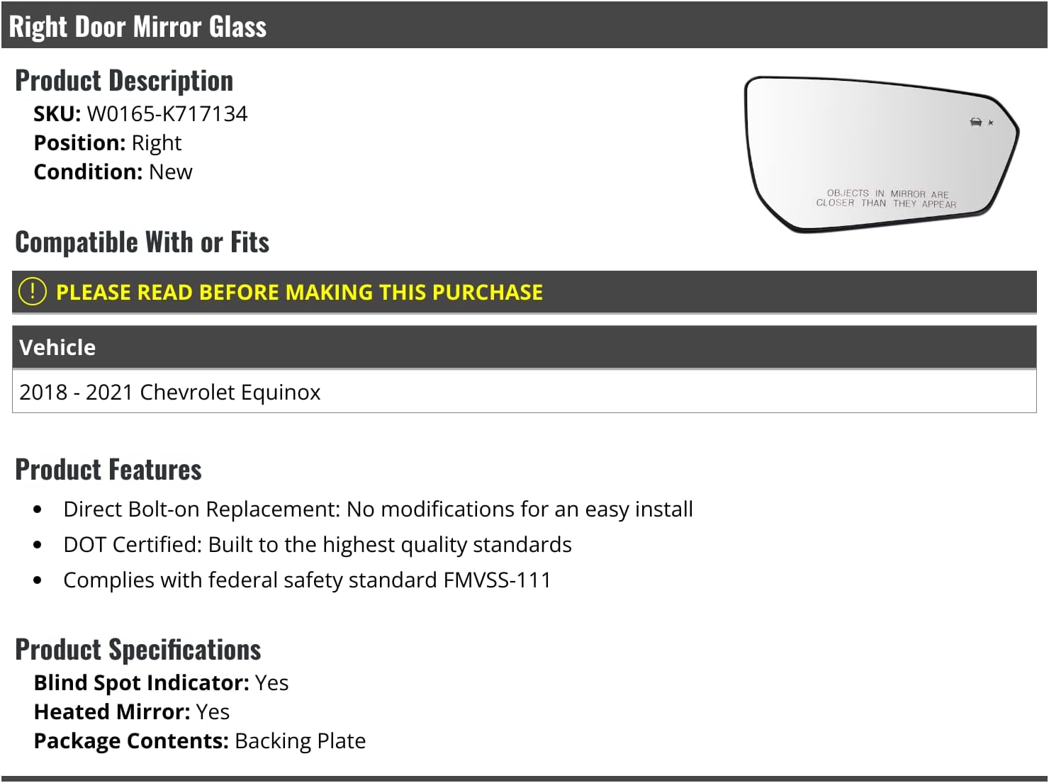Right Passenger Side Door Mirror Glass - with Blind Spot Detector and Heated Glass - Compatible with 2018-2021 Chevy Equinox
