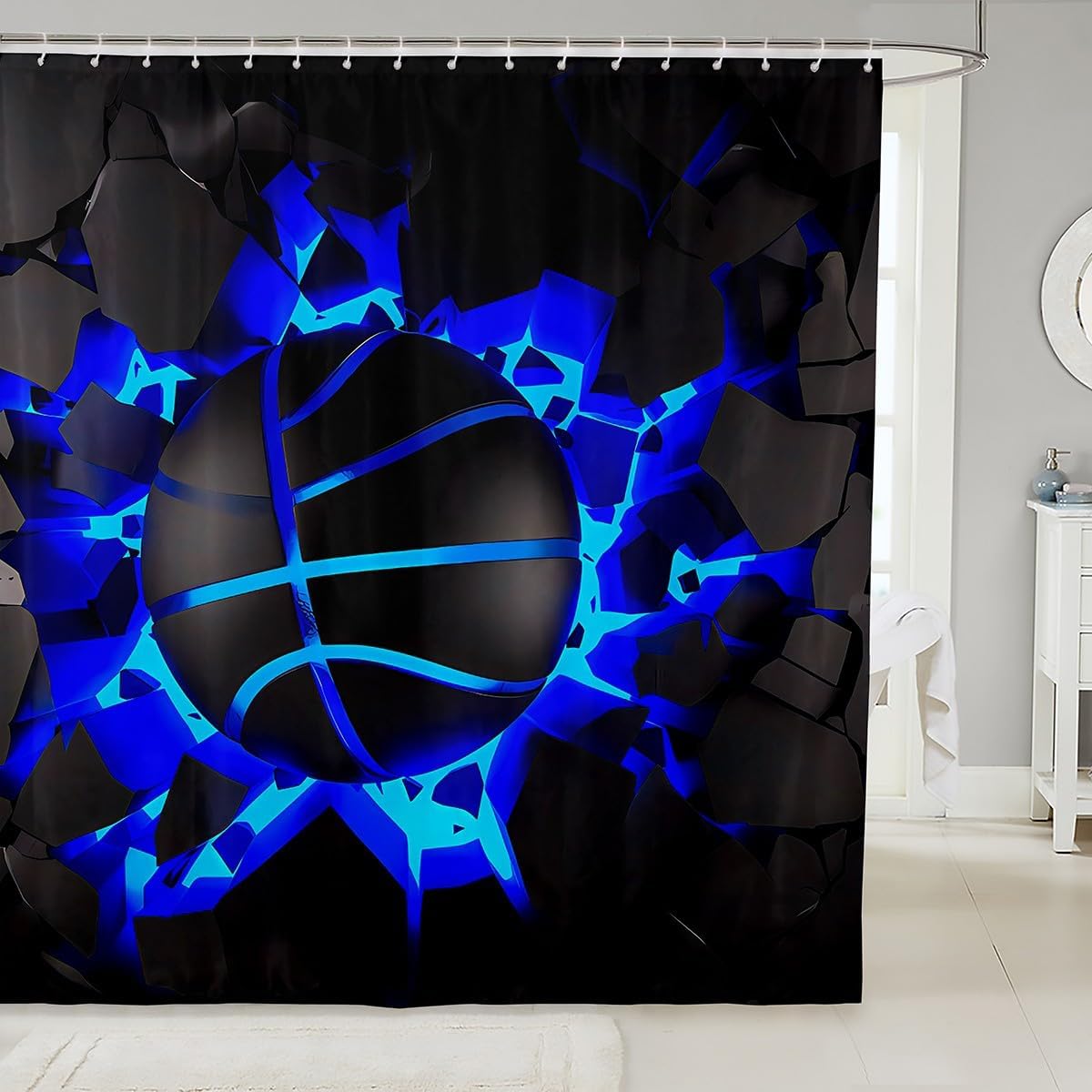 jejeloiu Basketball Bath Curtain Boys Girls 72"x78" Gaming Sports Shower Curtain for Kids Women Men Waterproof Blue Ombre Bathroom Shower Curtain Set Gift for Basketball Lover