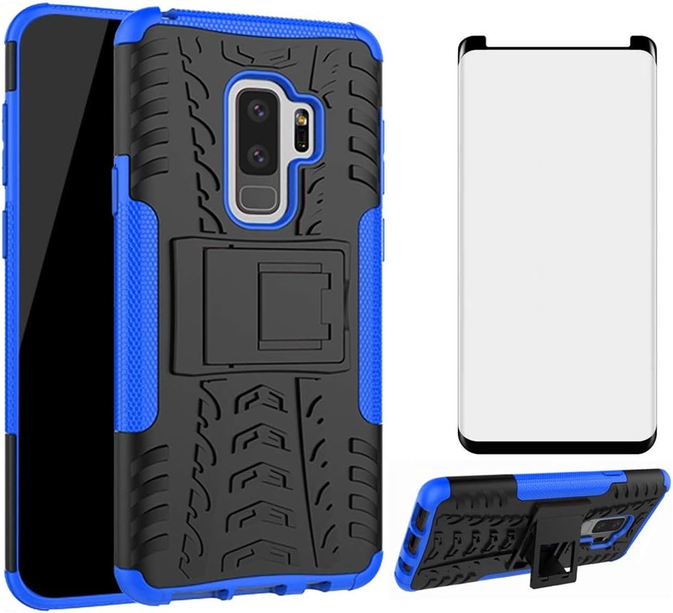 Phone Case for Samsung Galaxy S9 Plus with Tempered Glass Screen Protector Cover and Stand Kickstand Hard Rugged Hybrid Protective Cell Accessories Glaxay S9+ 9S 9+ S 9 9plus S9plus Cases Black Blue