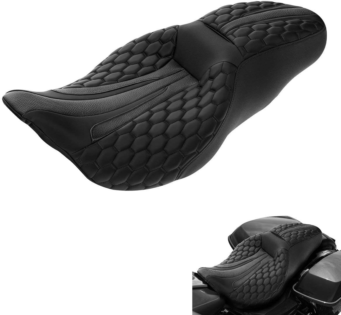 Passenger Motorcycle Touring Seat - Hexagon Stitching for Harley Davidson Touring Road King Street Glide Road Glide Electra Glide CVO 2009-2023 Black