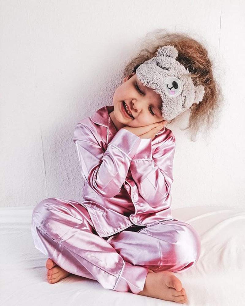 Toddler Baby Kids Satin Pajamas Set, Long Sleeve Button-Down Sleepwear PJs for Girls (4T, A-Pink)