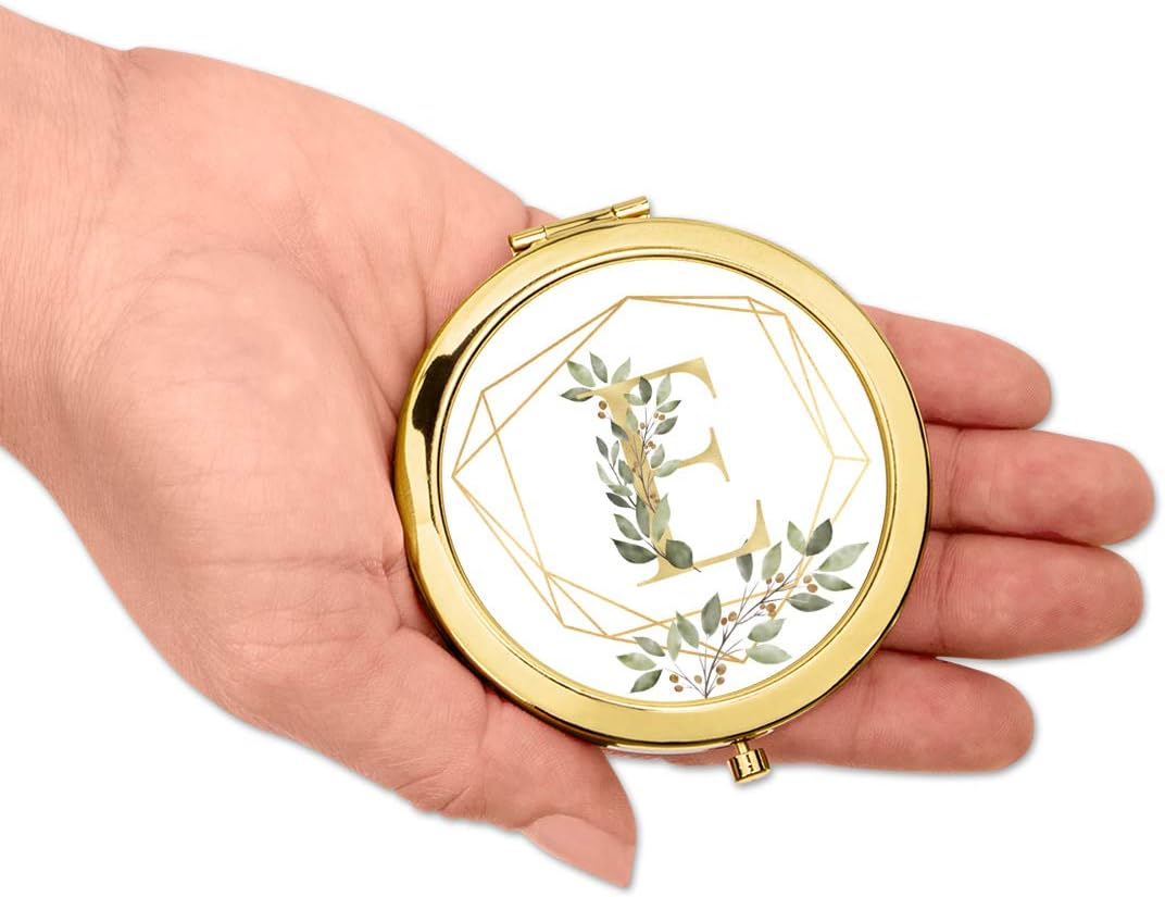 Andaz Press Gold Compact Mirror Bridesmaid's Gift, Monogram Initial Letter E, Geometric Gold Frame Greenery Green Leaves, Wedding Gifts Ideas for Maid of Honor