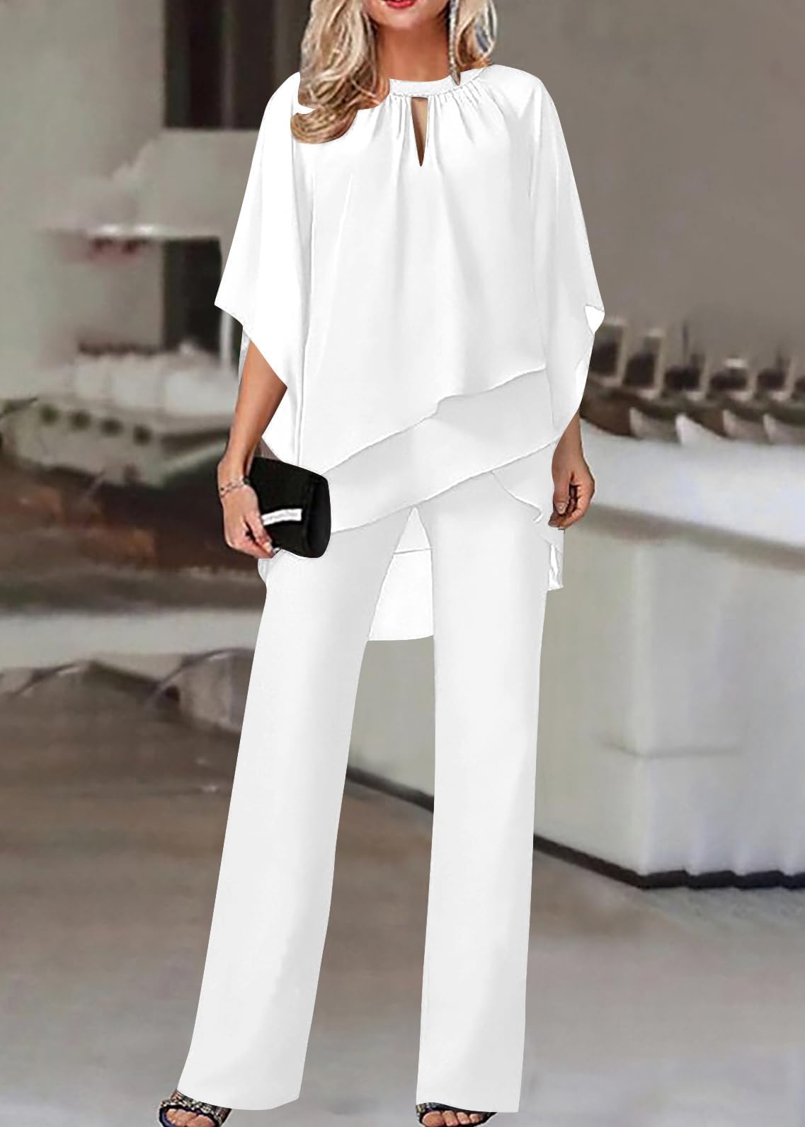 Traje de pantalón para mujer, de tul, juego de dos piezas con camisa de gasa y cintura alta, elegante, vintage, 2 piezas, para cóctel, fiesta, festivo, traje de noche para mujer