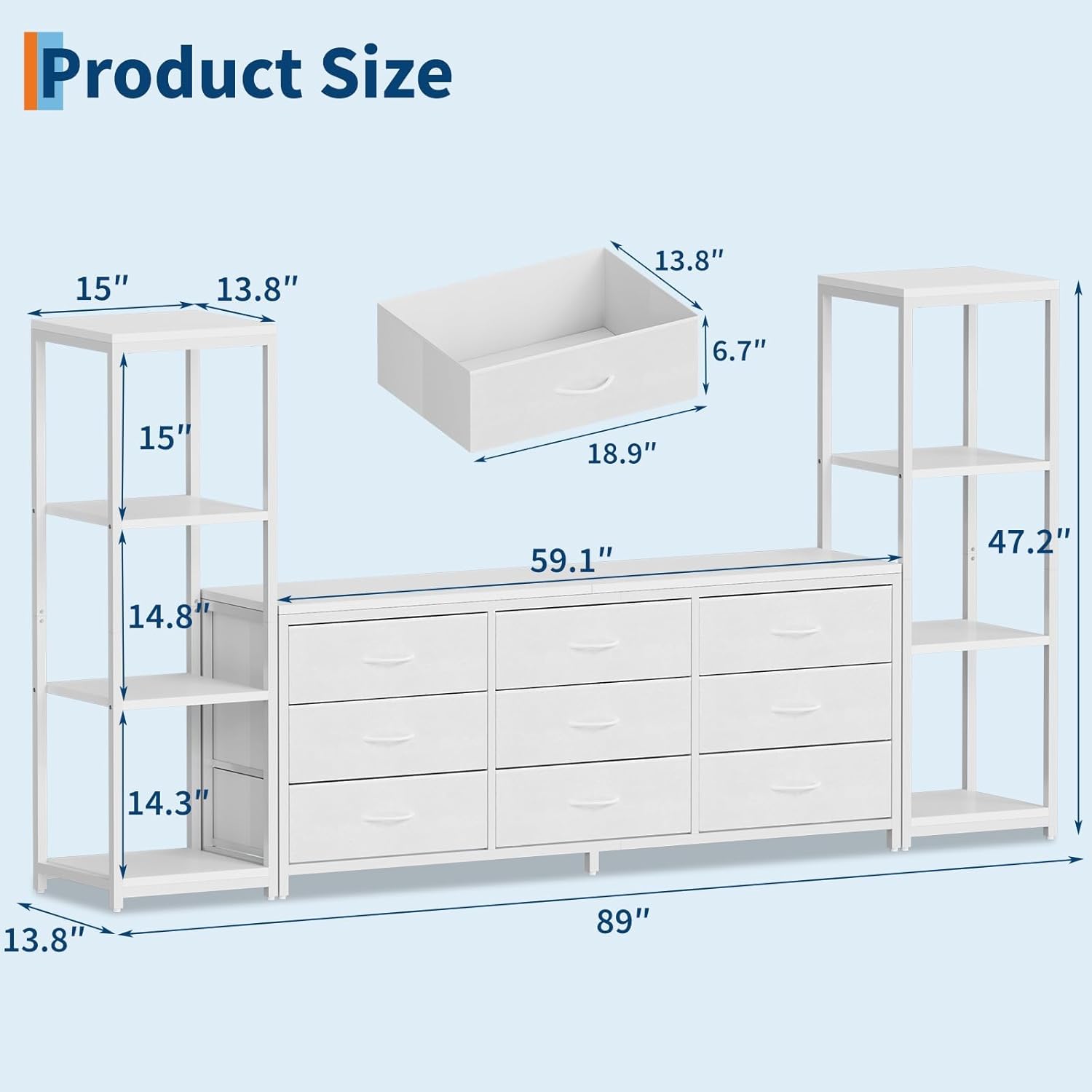 TV Stand Dresser for 75 Inch TV, Large Modern Industrial Entertainment Center with 9 Fabric Drawers & Dual 4-Tier Adjustable Storage Shelves, Sturdy Wood Metal TV Console Cabinet for Living Room,White