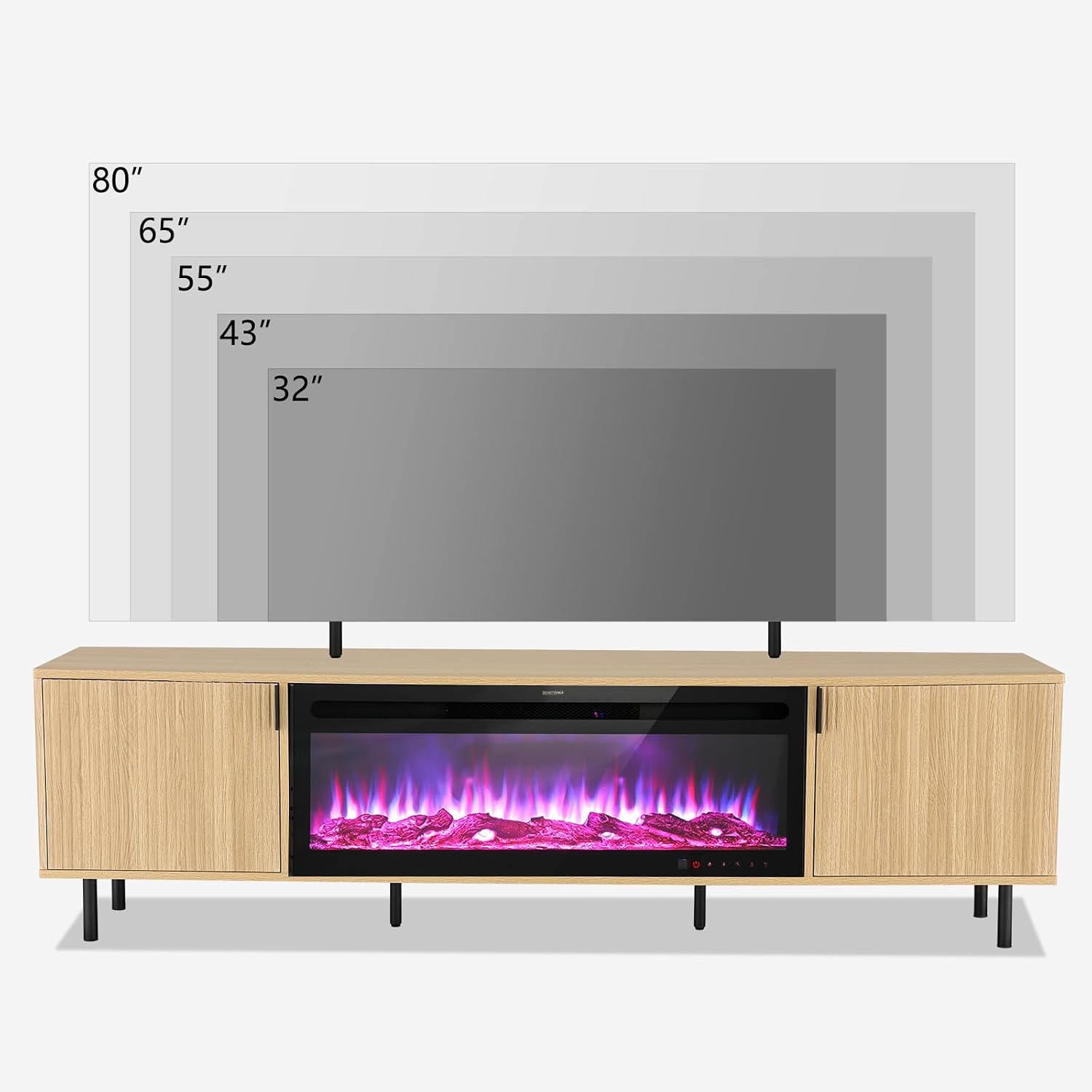 EROMMY 70" Fluted Fireplace TV Stand, Modern Entertainment Center with 36" Electric Fireplace, Media Console with Wood Grain Veneer Top for TVs Up to 80", Metal-legged Console for Living Room, Natural