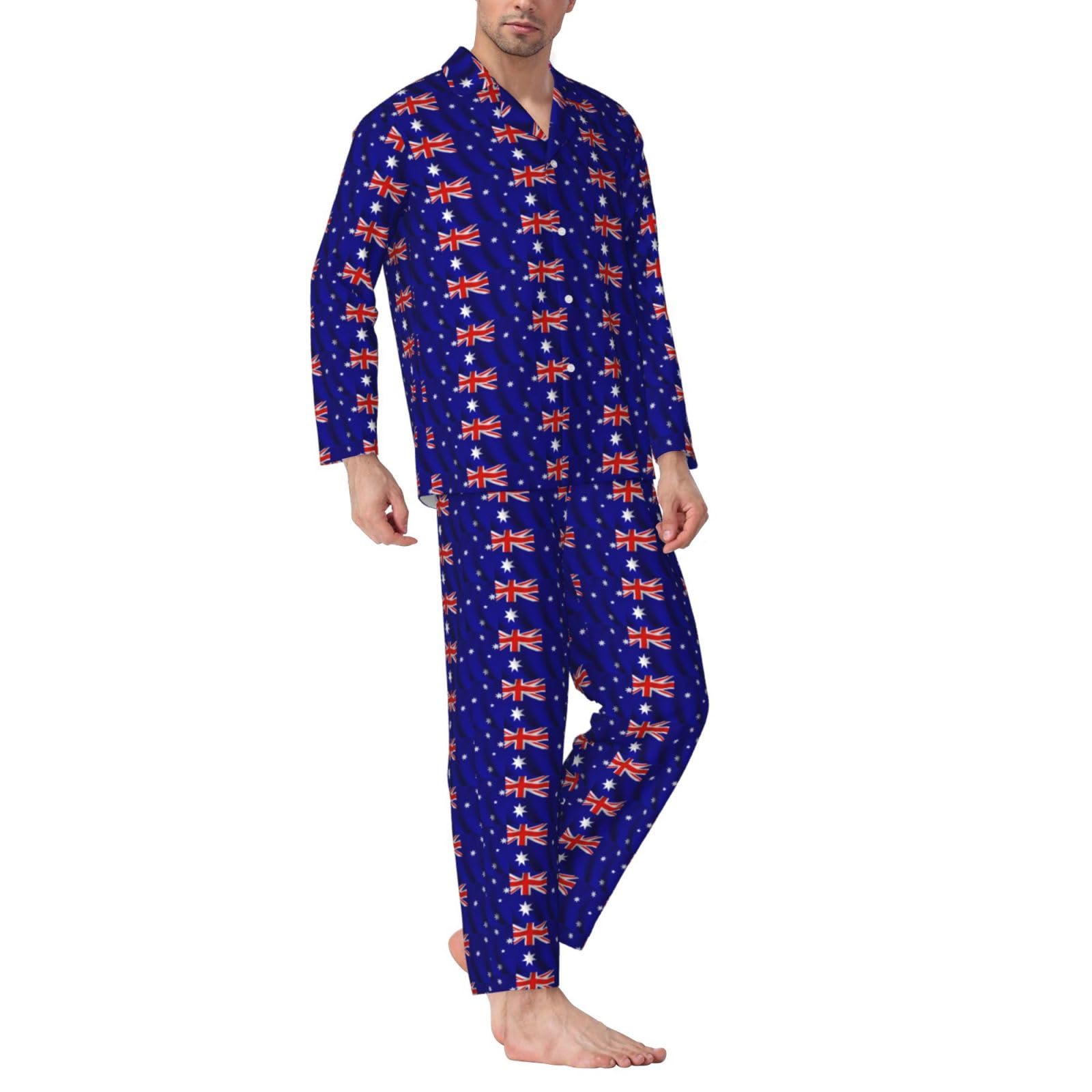 Herren-Pyjama-Set mit australischer Flagge, langärmelig, zweiteilig, Hauskleidung, bequeme Nachtwäsche