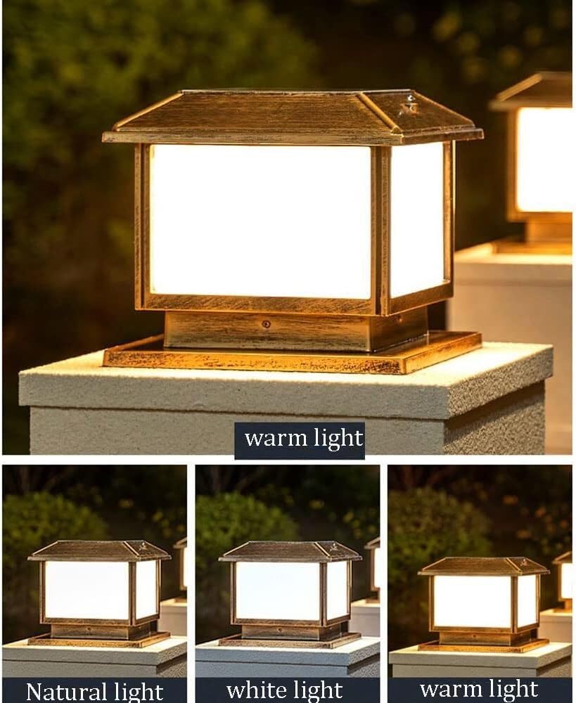 Czarne lampy solarne na słupki ogrodzeniowe, oświetlenie zewnętrzne na słupki krajobrazowe z kloszem akrylowym(Brass,20cm)