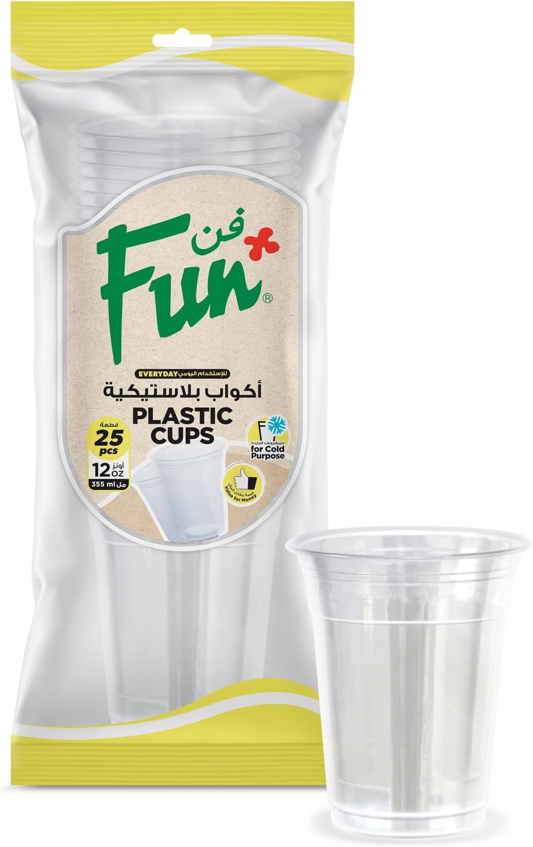 FUN BY AL BAYADER فن Everyday Disposable Clear Plastic Cup 12Oz, Pack Of 25