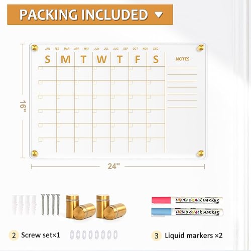 Miniatura 4 de QUEENLINK Calendario acrílico para pared, 24 x 16 pulgadas, pizarra dorada de borrado en seco, planificador semanal montado en la pared, pizarra