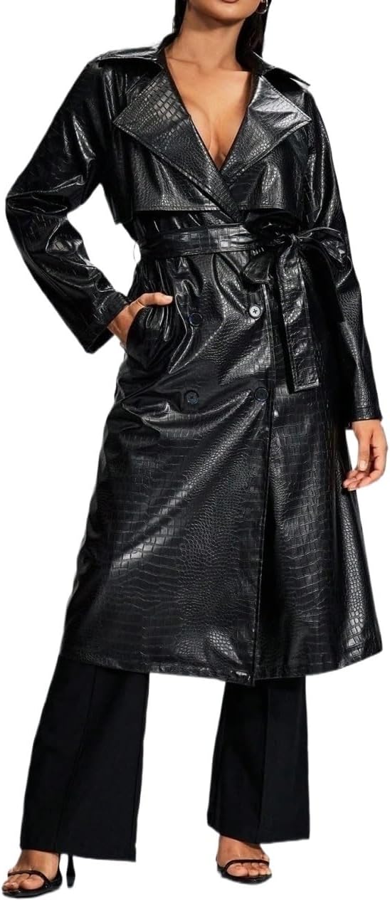 Womens Fashion Trench Outwear Collar Long Sleeve PU Trench Coat Jacket Coat