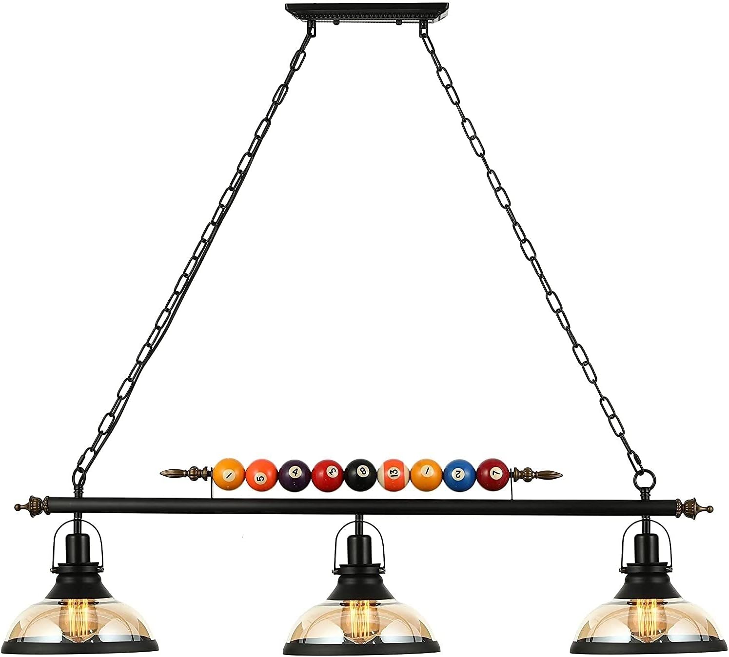 Industrial Billiard Pool Table Light, 3-Light Farmhouse Island Chandelier with Glass Shades & Billiard Ball Decor, Retro Adjustable Hanging Light for Game Room, Dining Room