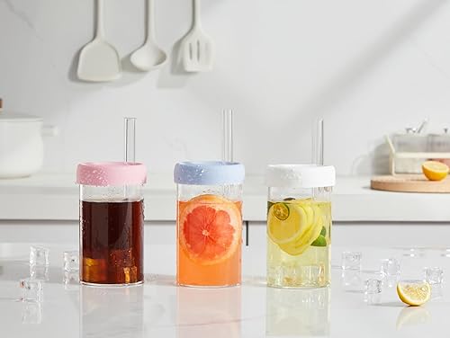 Miniatura 5 de Sweejar Vasos de vidrio con tapas y pajitas, vasos para beber con tapas de silicona y popote de vidrio, vaso de café helado, lindos vasos de agua,