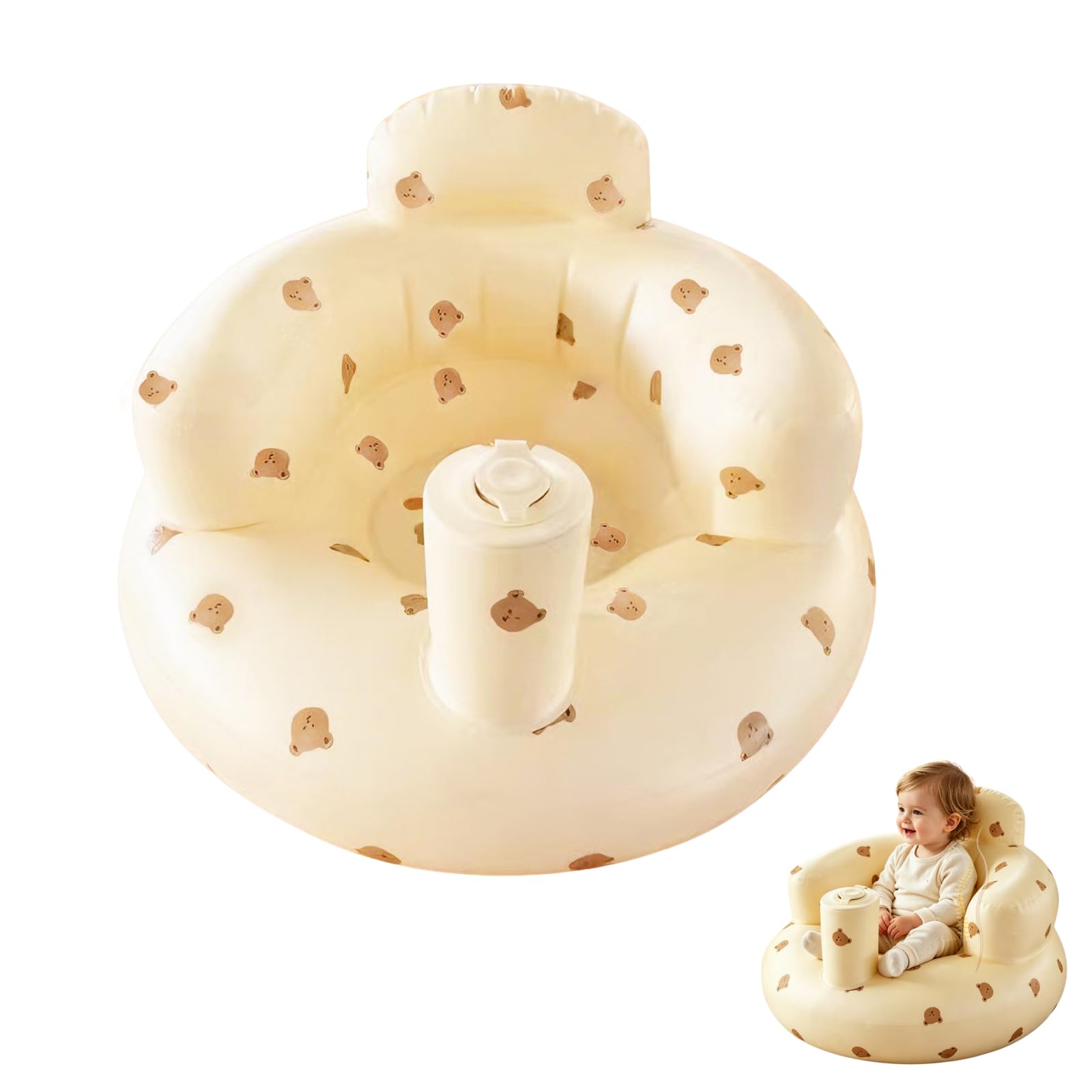 Inflatable Baby Chair with Built-in Air Pump, Baby Floor Seat for Infants 3–24 Months, Pink Bunny Portable Blow Up Shower Chair for Learning to Sit, Playing, Camping (White)