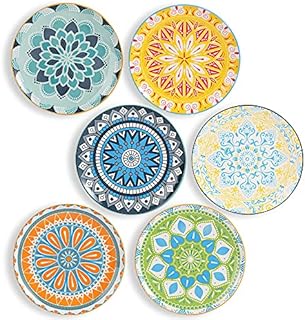 Plate Set 8 Inch - Salad Plates | Dessert Appetizer Plates Colorful - Porcelain Lunch Plates - Set of 6 - Dishwasher and Microwave Safe