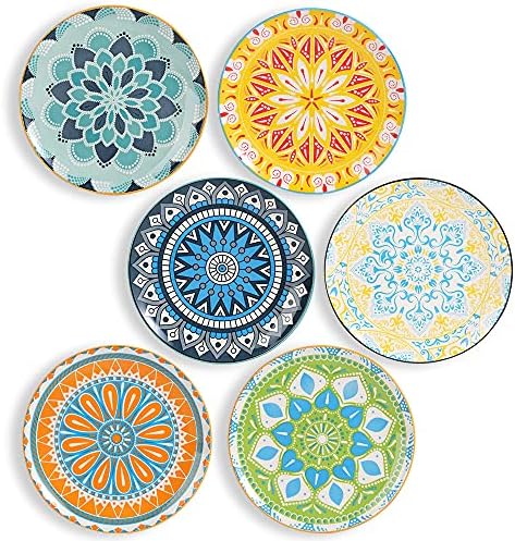 Plate Set 8 Inch - Salad Plates | Dessert Appetizer Plates Colorful - Porcelain Lunch Plates - Set of 6 - Dishwasher and Microwave Safe