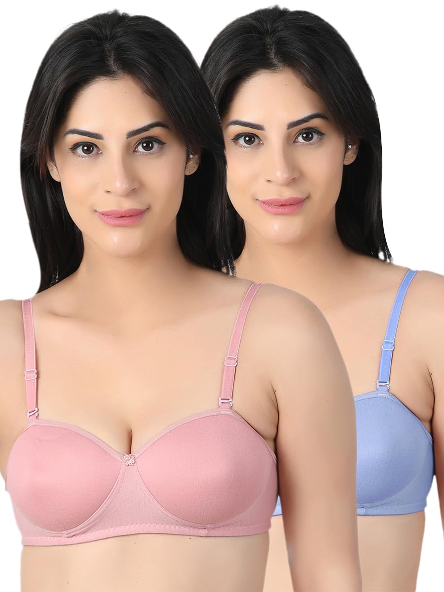 Cotton Blend Lightly Padded Wirefree Half Demi Coverage T-Shirt Inside Bra Combo-picture-36