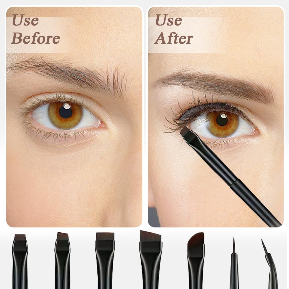 7 Piezas Pinceles de Maquillaje, Cepillo Delineador de Ojos de Ángulo Fino y Plano Maquillaje de Ojos Profesional Pinceles de Sombra de Ojos Pincel Delineador de Ojos en Ángulo Brochas de Cejas