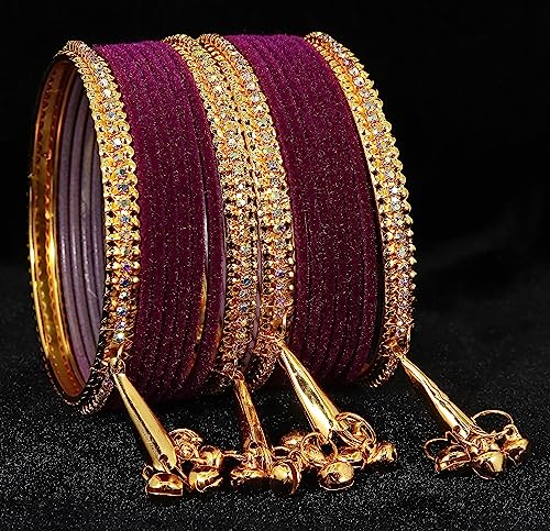 Image of NMII Metal with Zircon Gemstone and Velvet Studded Bells Latkan Bangles Set For Girls and Women I Latkan Bangles, Premium Bangle Bracelet Set I Pack of 16 Bangles