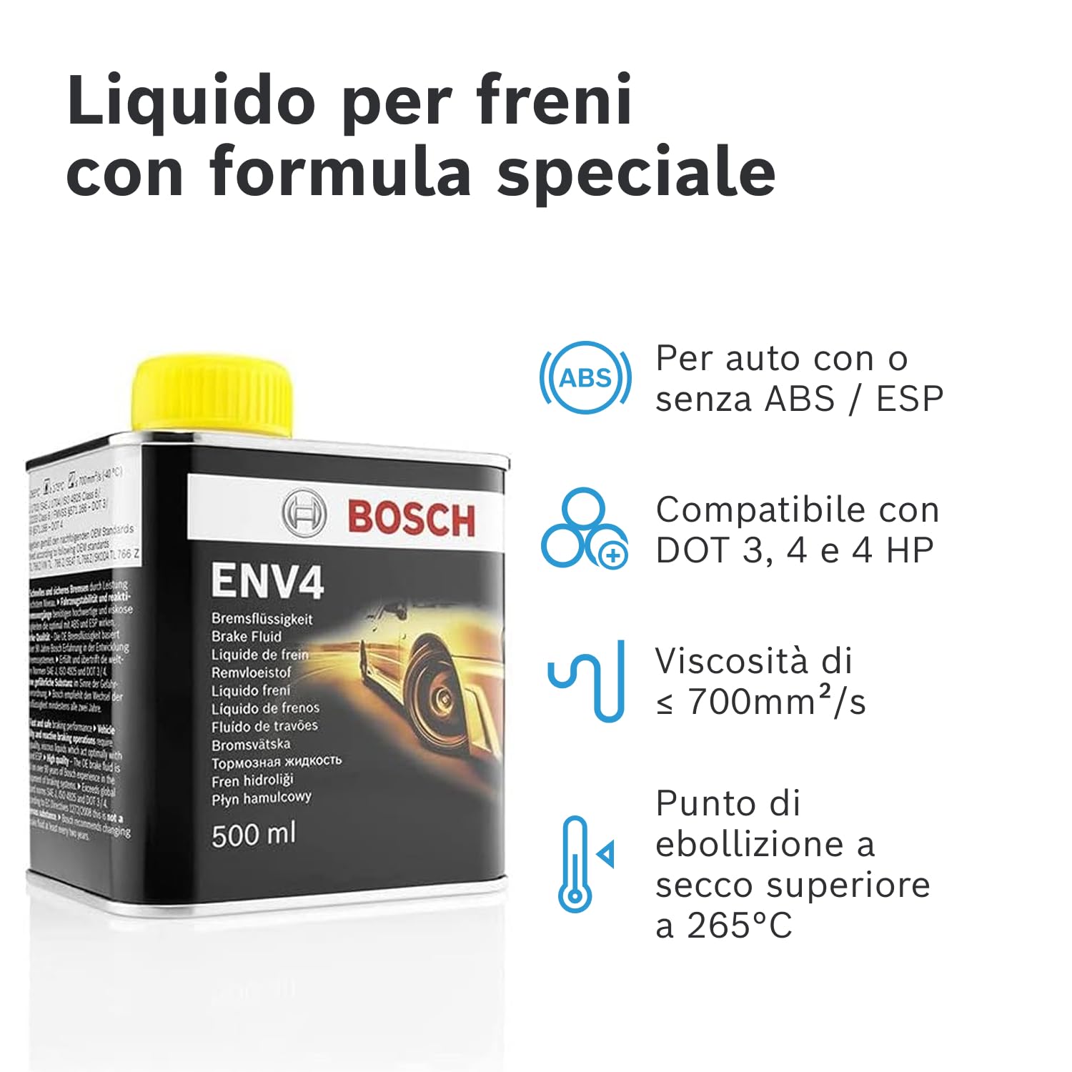 Liquido Freni Bosch ENV4, 0,5 L – Per tutti i veicoli moderni con freni ABS e ESP – Qualità Bosch – Compatibile con DOT 3, 4 e 4 HP/LV