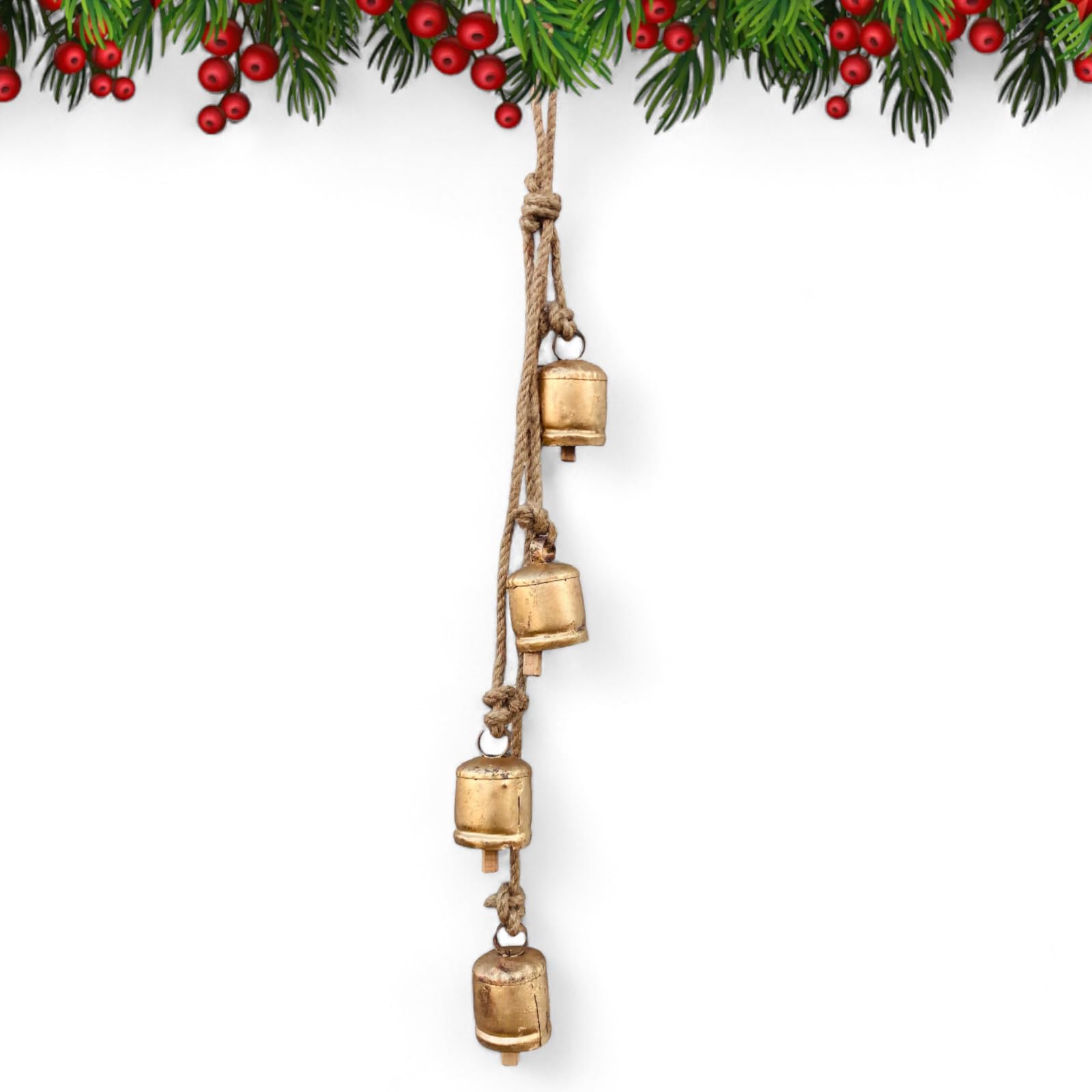 Harmony Country Style Shabby Chic Vintage Christmas Decor Mantle Wreath Lucky Charm Rustic Decorative Bell 4 Hanging Bells, Brass Gold Cowbells with Jute Rope