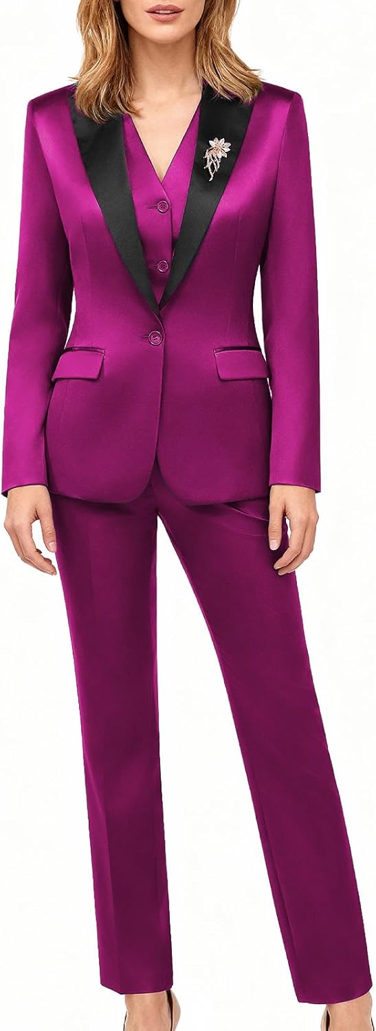 Women's 3 Pieces Satin Suit Black Peak Lapel Fashion Outfits Casual Party Wedding Blazer Jacket Vest Pants Set