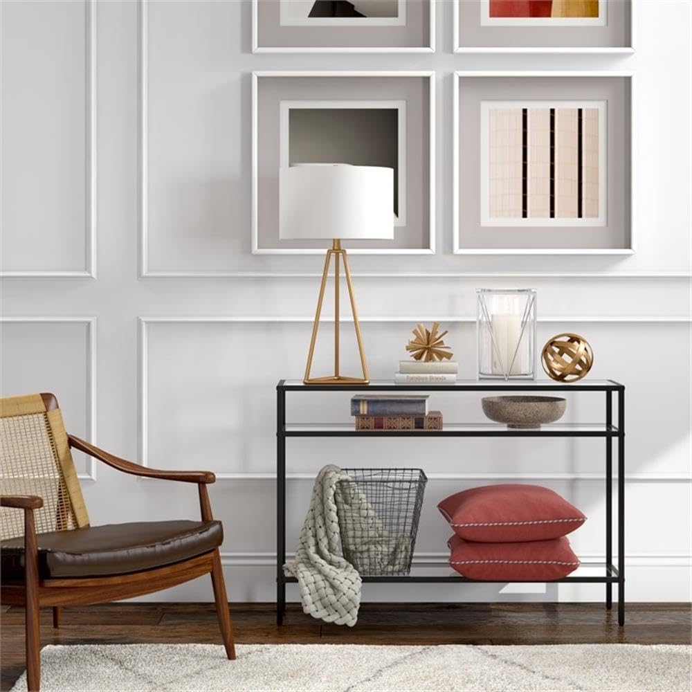 Pemberly Row Modern Console Table, 42 in W x 10 in D x 29 in H, Black Steel Frame with Clear Tempered Glass Shelves, Industrial Style Entryway or Sofa Table for Living Room Decor