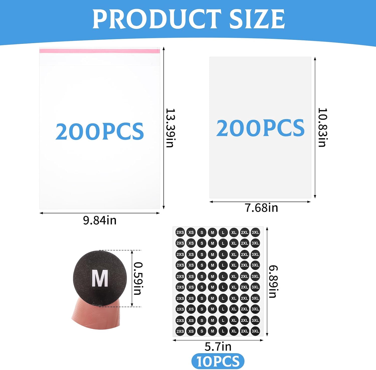 200 Set 10"x13" T-Shirt Packaging Bags with Cardboard Inserts and Clothing Size Stickers, Thick Clear Plastic Cellophane Bags for Shirts, Self-Sealing T Shirt Packing Wrapping Bag for Small Business